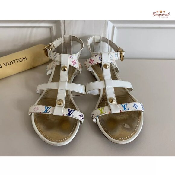 Authentic Louis Vuitton White Multicolor Canvas Patent Gladiator Sandals 39.5 - Picture 4 of 12